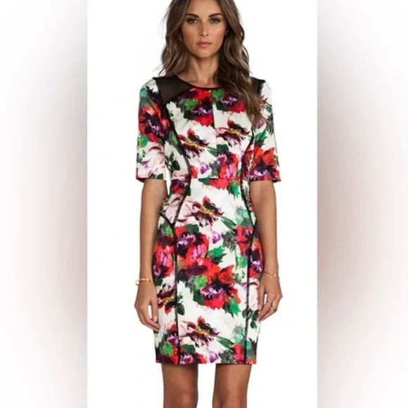Milly New York Floral Sheath Dress with Mesh Inset & Piping - Picture 16 of 16